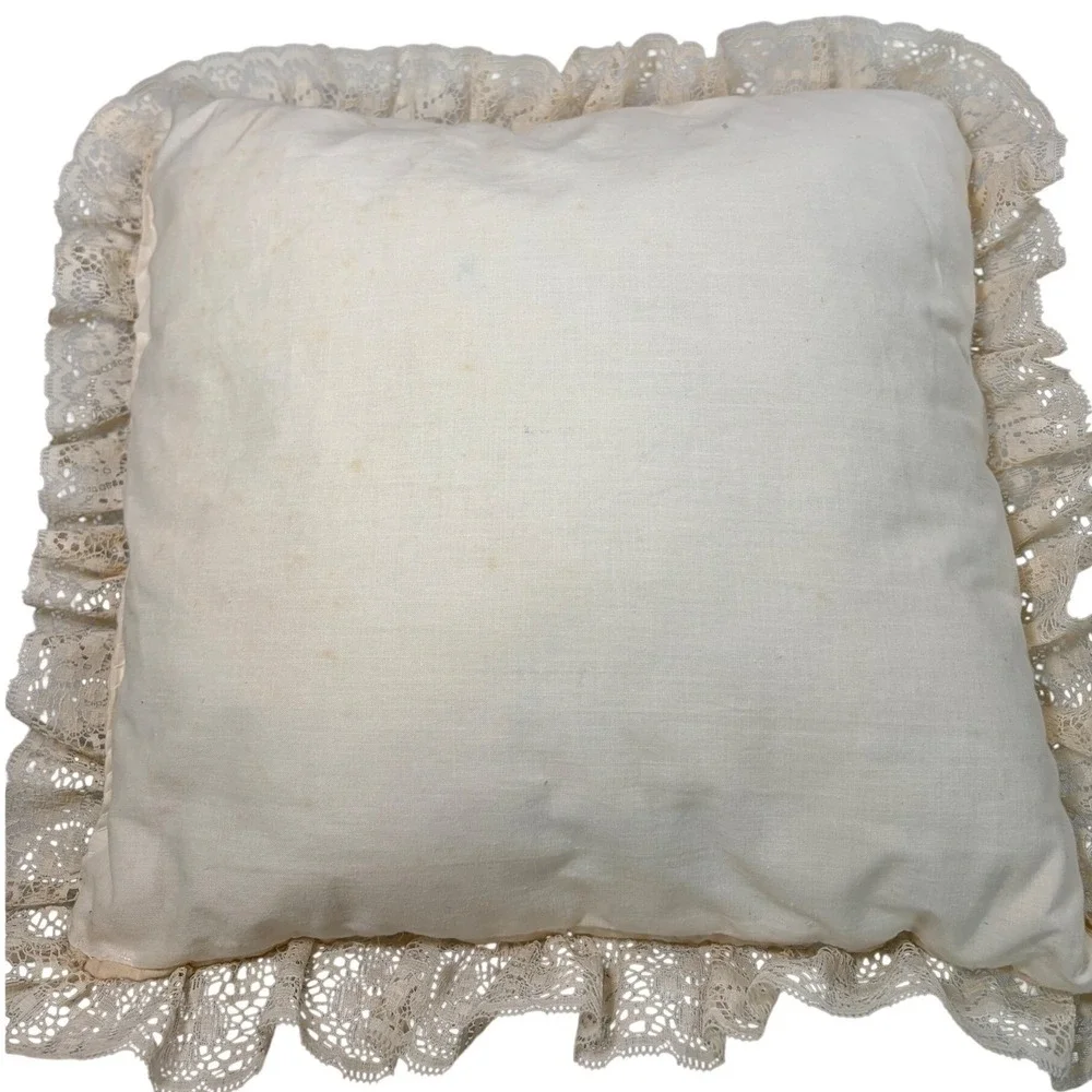 Vintage Handmade Embroidered Floral Lace Trim Throw Pillow Cottagecore Cream